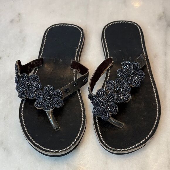 Sandals Shoes Black Floral Beaded Leather Women's Sandals - Picture 2 of 11